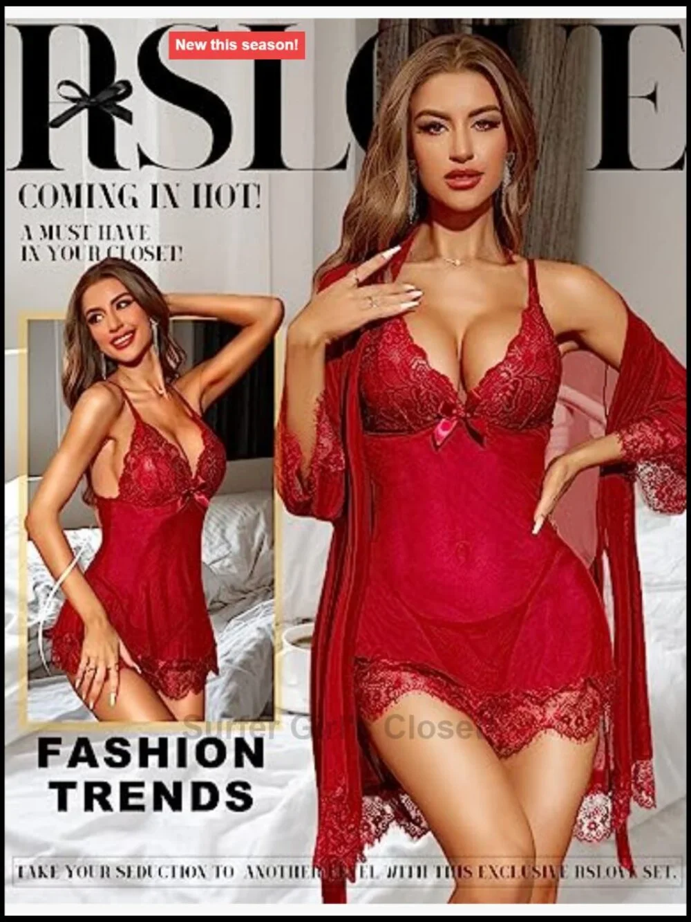 Women's 3 Piece Lingerie Set Babydoll Mesh Lace Robe Thong